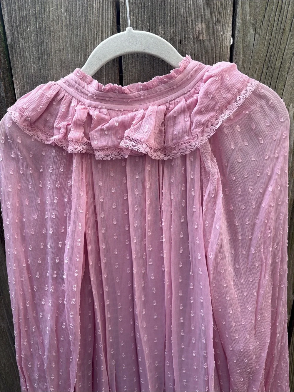 Anthropologie Pink Ruffle Swiss-Dot Long Sleeve Dress